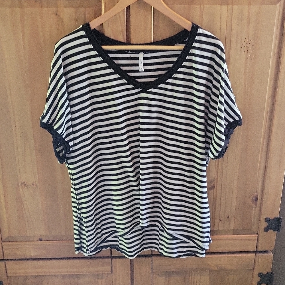 Black and White Striped V-Neck Top
